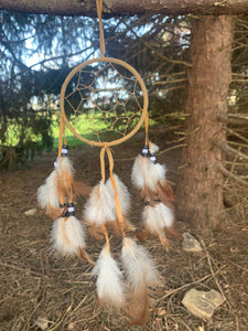 X - SOLD - X    Small Tan Satin Fabric and Feathered Dream Catcher