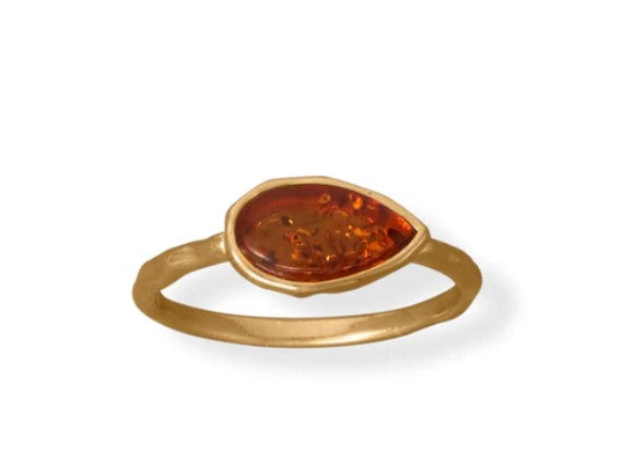 Elegant Baltic Amber & 24k Gold over 925 Sterling Silver Teardrop Ring